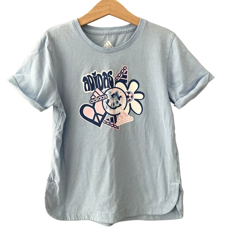 Adidas Roll Sleeve Tee Peace Love Happiness - Clear Sky Blue - Small 7/8